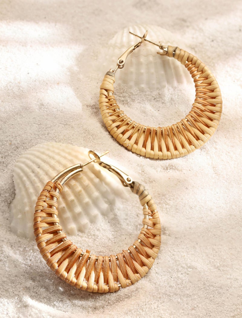 MINACHI Boho Handwoven Rattan Hoop Earrings, Bohemian Summer Beach Statement Jewelry Gift for Women (2) - Image 4