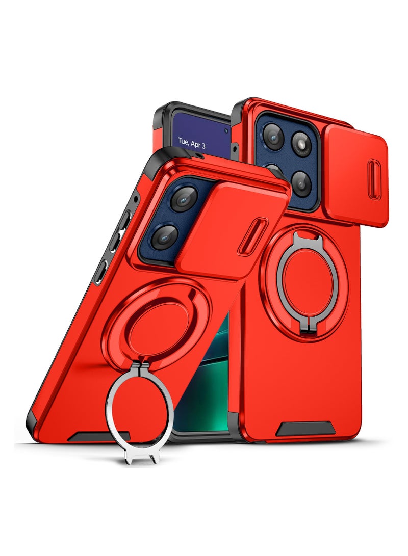 عام أحمر غلاف متوافق مع هاتف Moto G Stylus 2025 - مزود بنظام حماية عدسة انزلاقي مدمج + حامل حلقي دوار 360° مع حماية متطورة للمفصلة، بتصميم قابل للطي