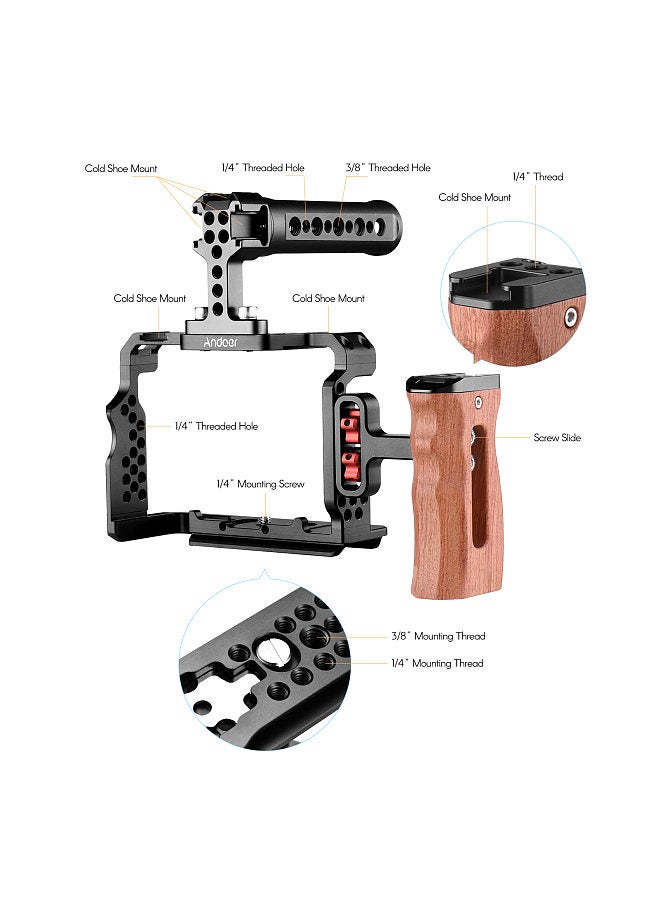 ANDOER Aluminum Alloy Camera Cage Kit with Video Rig Top Handle Wooden Grip Replacement for Sony A7R III/ A7 II/ A7III  - Image 4