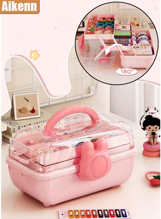 Aikenn Hair Accessories Storage Box Hair Rope Necklace Storage Box Cosmetics Storage Box Large Capacity Transparent Storage Box Layered Desktop Storage Box Kids Hair Accessories Storage Box Cute Rabbit Elements Pink  - Image 1