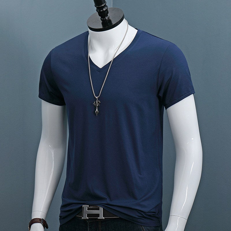 Modal short-sleeved T-shirt men's ultra-light thin slim fit plus-size youth solid color V-neck T-shirt trendy top - Image 3