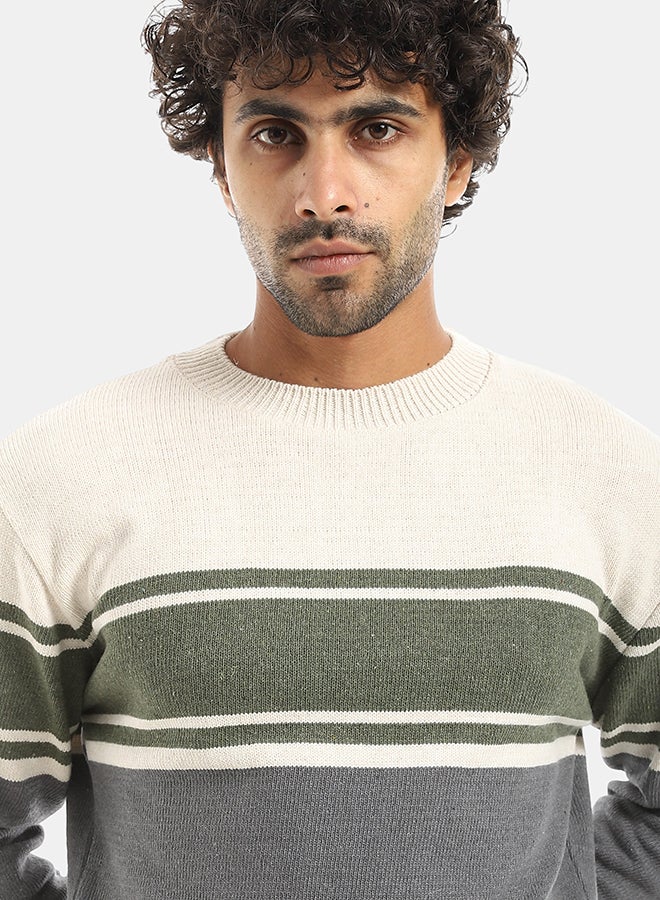 Andora Round Collar Self Patteren Long Sleeves Pullover - Gray & Green & Beige - Image 2