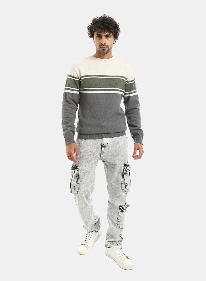 Andora Round Collar Self Patteren Long Sleeves Pullover - Gray & Green & Beige - Image 5