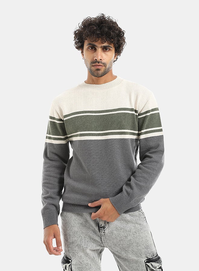Andora Round Collar Self Patteren Long Sleeves Pullover - Gray & Green & Beige - Image 1