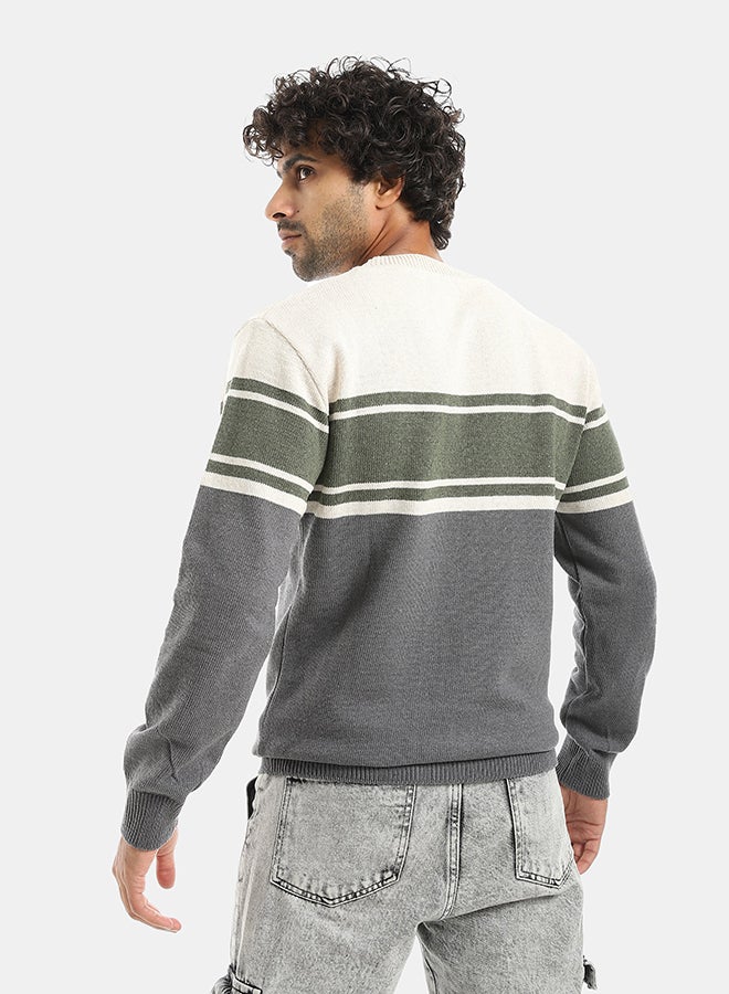 Andora Round Collar Self Patteren Long Sleeves Pullover - Gray & Green & Beige - Image 3