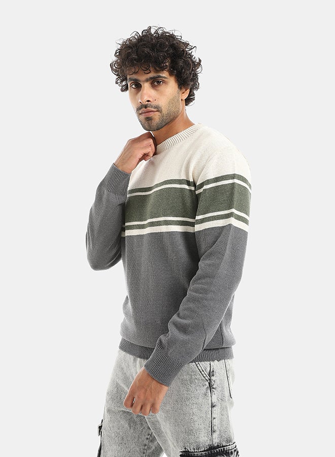 Andora Round Collar Self Patteren Long Sleeves Pullover - Gray & Green & Beige - Image 4