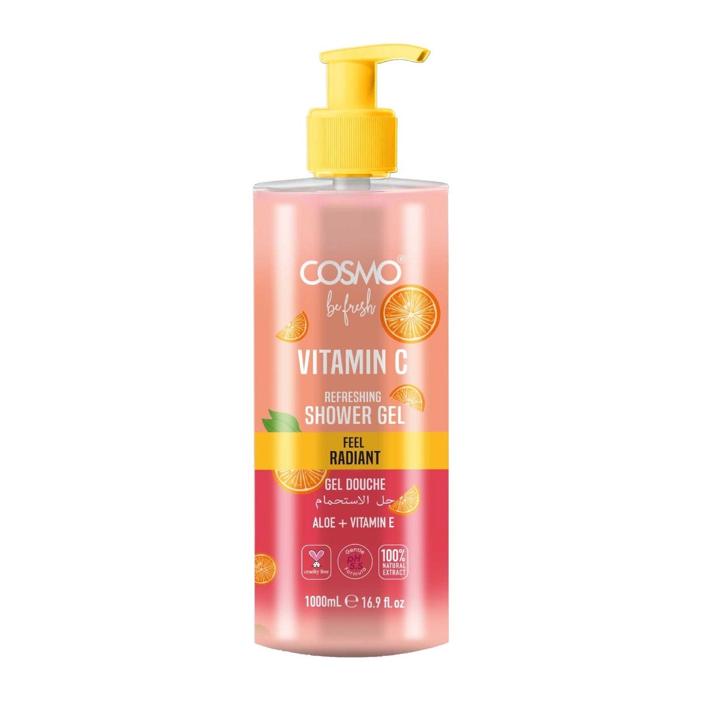 Cosmo Be Fresh Vitamin C Refreshening Shower Gel with Aloe & Vitamin E 1000ml, Brightening & Hydrating, Feel Radiant Body Wash For Men & Women, Citrus Scent Daily Cleanser for Radiant, Healthy Looking