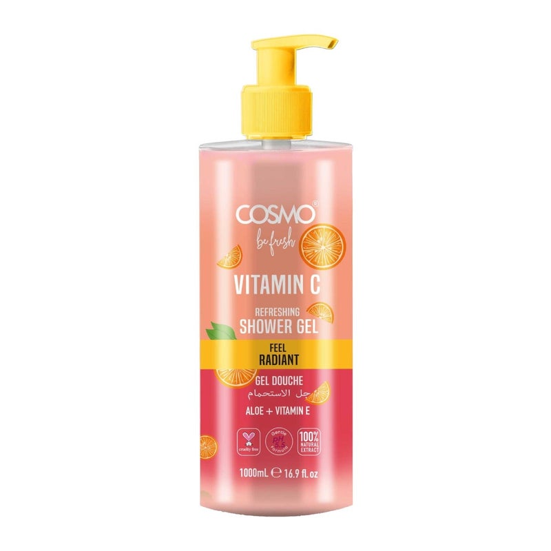 Cosmo Be Fresh Vitamin C Refreshening Shower Gel with Aloe & Vitamin E 1000ml, Brightening & Hydrating, Feel Radiant Body Wash For Men & Women, Citrus Scent Daily Cleanser for Radiant, Healthy Looking - Image 1