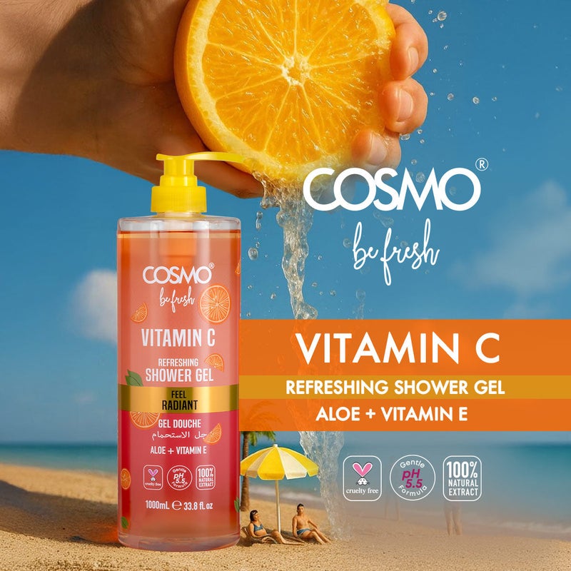 Cosmo Be Fresh Vitamin C Refreshening Shower Gel with Aloe & Vitamin E 1000ml, Brightening & Hydrating, Feel Radiant Body Wash For Men & Women, Citrus Scent Daily Cleanser for Radiant, Healthy Looking - Image 2