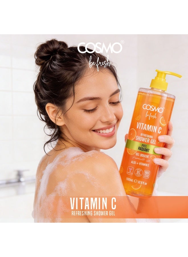Cosmo Be Fresh Vitamin C Refreshening Shower Gel with Aloe & Vitamin E 1000ml, Brightening & Hydrating, Feel Radiant Body Wash For Men & Women, Citrus Scent Daily Cleanser for Radiant, Healthy Looking - Image 3