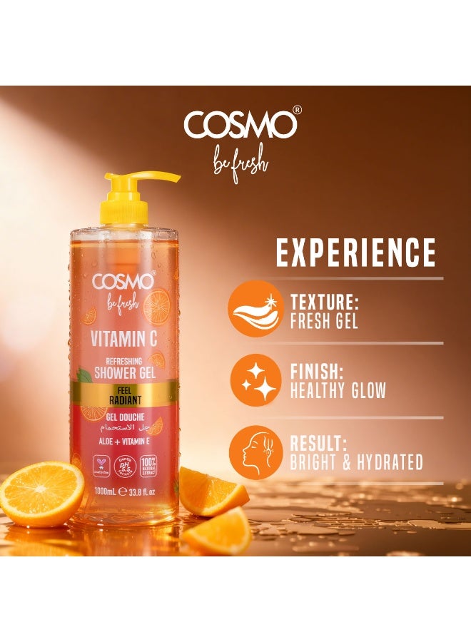 Cosmo Be Fresh Vitamin C Refreshening Shower Gel with Aloe & Vitamin E 1000ml, Brightening & Hydrating, Feel Radiant Body Wash For Men & Women, Citrus Scent Daily Cleanser for Radiant, Healthy Looking - Image 4