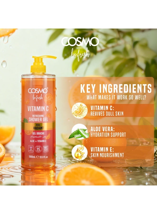 Cosmo Be Fresh Vitamin C Refreshening Shower Gel with Aloe & Vitamin E 1000ml, Brightening & Hydrating, Feel Radiant Body Wash For Men & Women, Citrus Scent Daily Cleanser for Radiant, Healthy Looking - Image 5