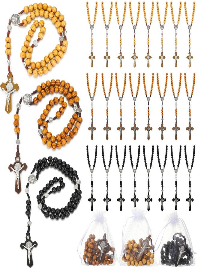 Equsion 24 Set Wooden Bead Rosary Necklace Catholic Rosary Wood Carved Beads with Jesus Cross Our Father Solid with Organza Bag Pouch Baptism Favors Catholic Gift(Multicolor) - Image 1