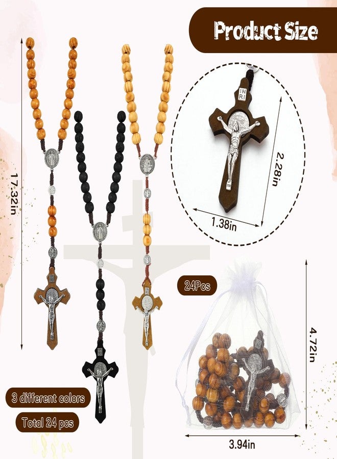 Equsion 24 Set Wooden Bead Rosary Necklace Catholic Rosary Wood Carved Beads with Jesus Cross Our Father Solid with Organza Bag Pouch Baptism Favors Catholic Gift(Multicolor) - Image 2