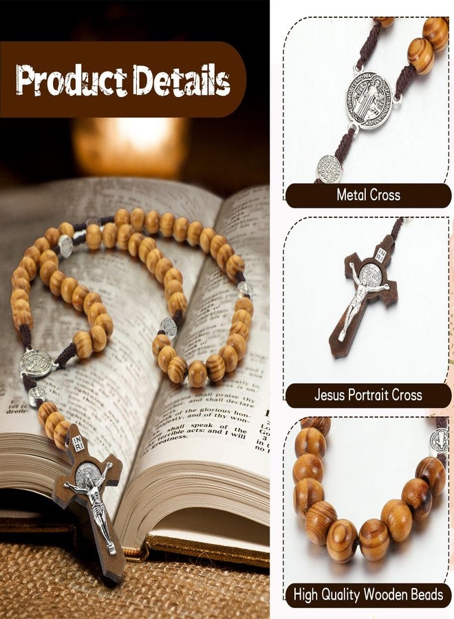 Equsion 24 Set Wooden Bead Rosary Necklace Catholic Rosary Wood Carved Beads with Jesus Cross Our Father Solid with Organza Bag Pouch Baptism Favors Catholic Gift(Multicolor) - Image 3