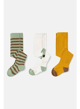 Tchibo Kid Girl 3 Pieces Pull On Stripe Tights, Olive Combo  - Image 2