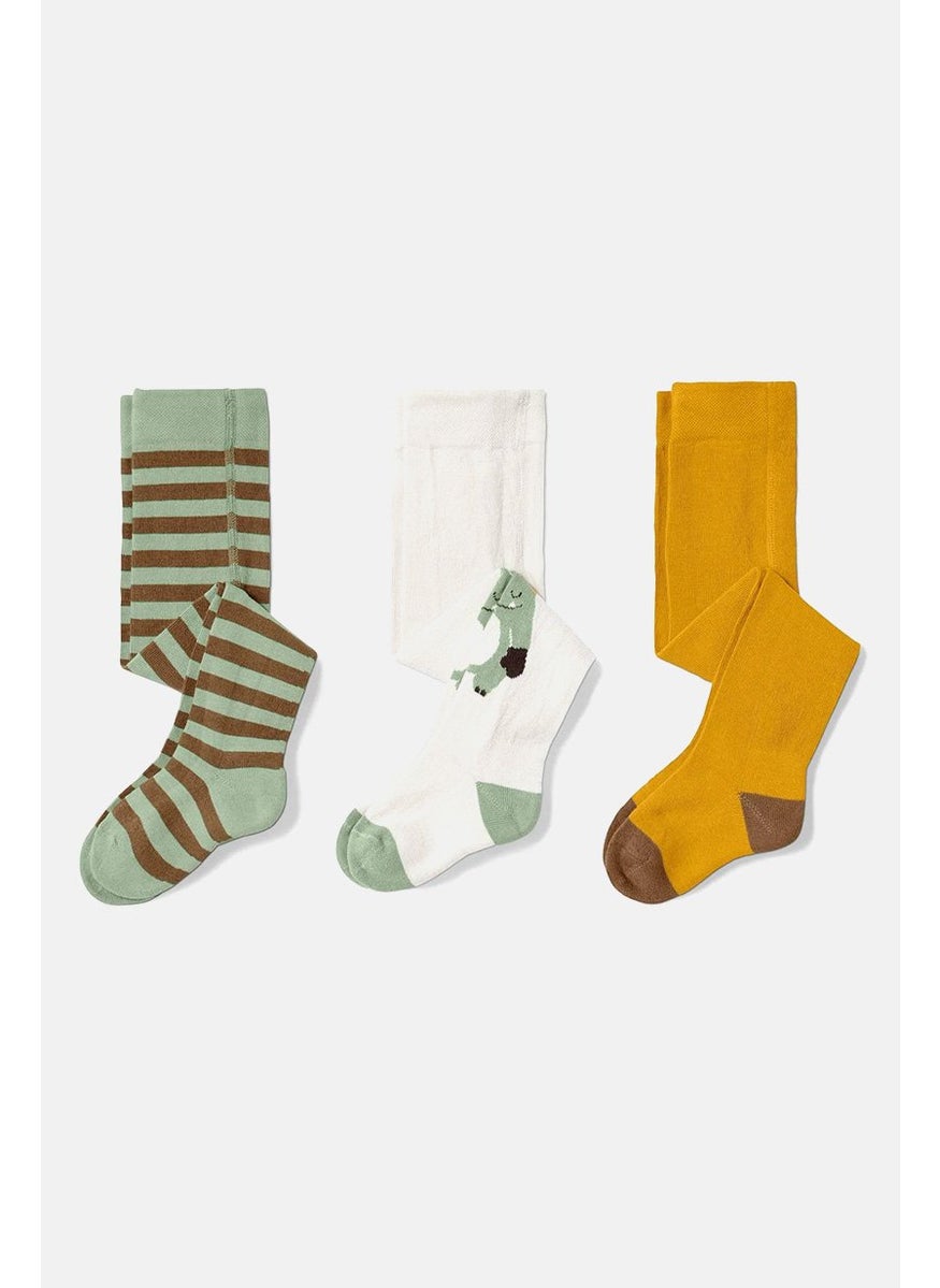 Tchibo Kid Girl 3 Pieces Pull On Stripe Tights, Olive Combo  - Image 2