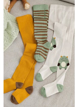 Tchibo Kid Girl 3 Pieces Pull On Stripe Tights, Olive Combo  - Image 1