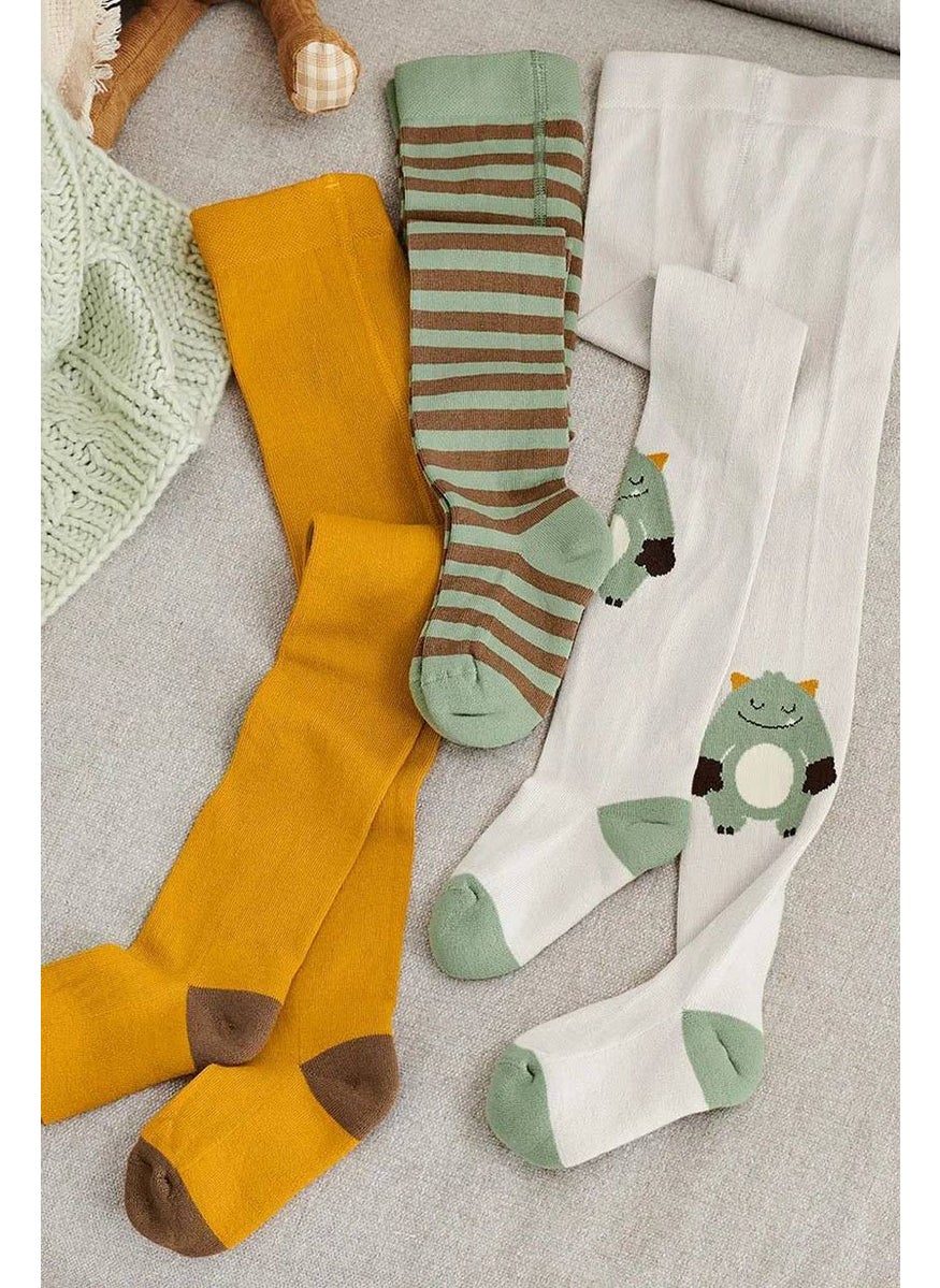 Tchibo Kid Girl 3 Pieces Pull On Stripe Tights, Olive Combo  - Image 1
