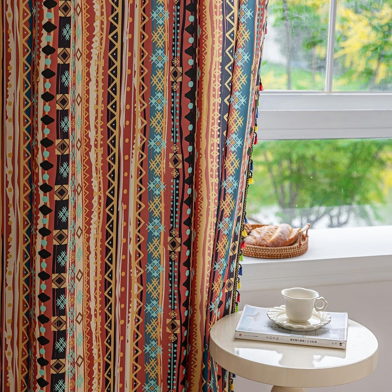 Erbnaryx Boho Curtains Geometric Light Filtering Semi-Blackout Window Curtains 72 Inches Long Rod Pocket Drapes for Living Room 2 Panels-Vintage Red - Image 4