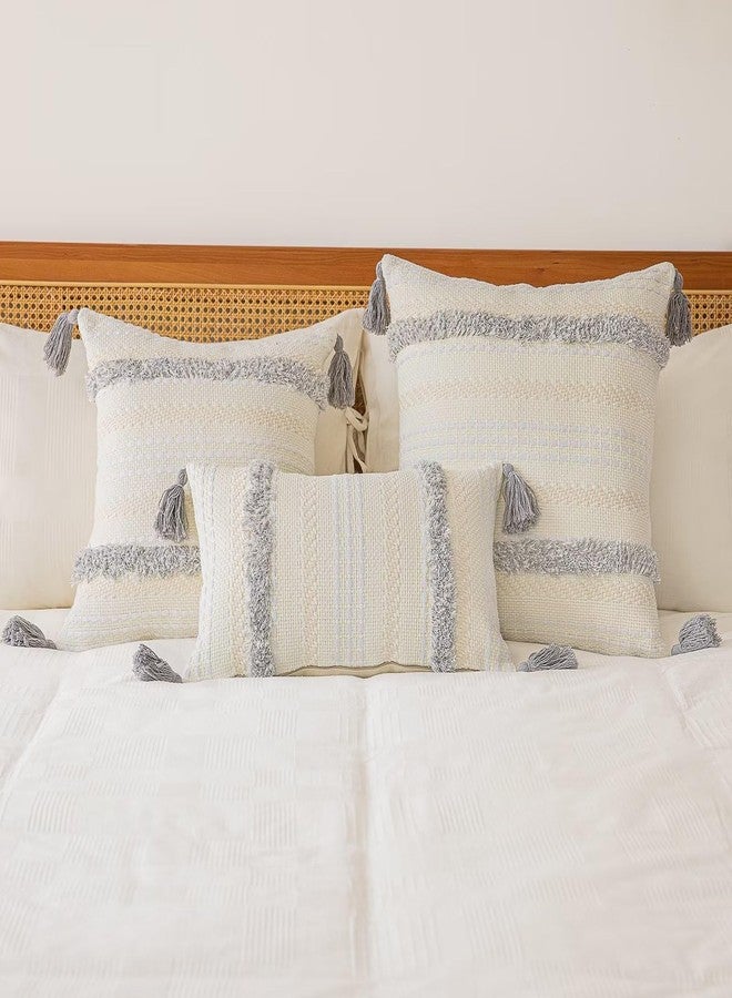 BUIOVBEY Boho Throw Pillow Covers 20x20 Set of 2 Woven Tufted Farmhouse Pillows Cover with Tassels Textured Striped Cushion Case Neutral Pillow Cases Decorative Pillowcase for Sofa, Couch, Bed, Light Grey - Image 5