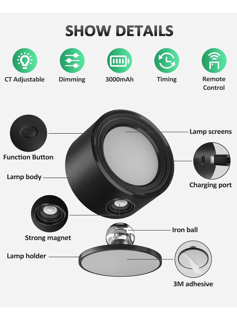 عام مصابيح LED مثبتة على الحائط قطعتان مع جهاز تحكم عن بعد، مصباح شمعدانات جدارية بقدرة 3000 مللي أمبير في الساعة تعمل ببطارية قابلة لإعادة الشحن، 3 درجات حرارة ألوان وإضاءة لاسلكية مغناطيسية قابلة للتعتيم بزاوية 360 درجة لغرفة النوم بجانب السرير - Image 2