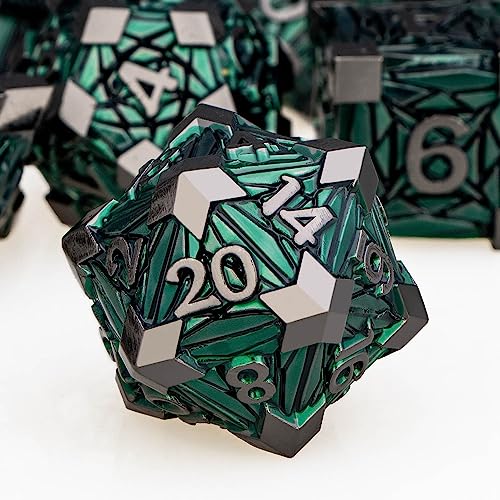 ORIFANTOU 7PCS Metal DND Dice Set with Box Debris RPG Green D and D Dice for use with DD Tabletop Games Role Playing Game Polyhedral Dice Set D20 D12 D10 D8 D6 D4 - Image 1