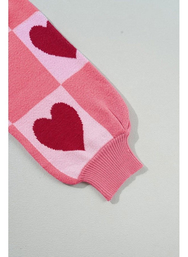 KevaMolly Womens Valentines Sweater Heart and Bow Pattern Knitted Loose Fit Valentine Cute Sweater Top, Pink Plaid, 1X - Image 4