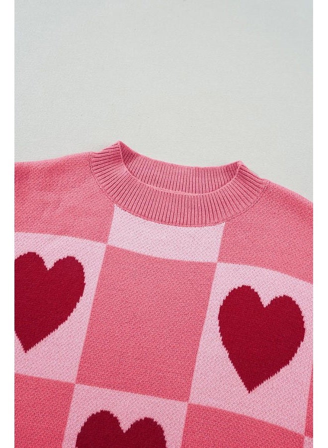 KevaMolly Womens Valentines Sweater Heart and Bow Pattern Knitted Loose Fit Valentine Cute Sweater Top, Pink Plaid, 1X - Image 3