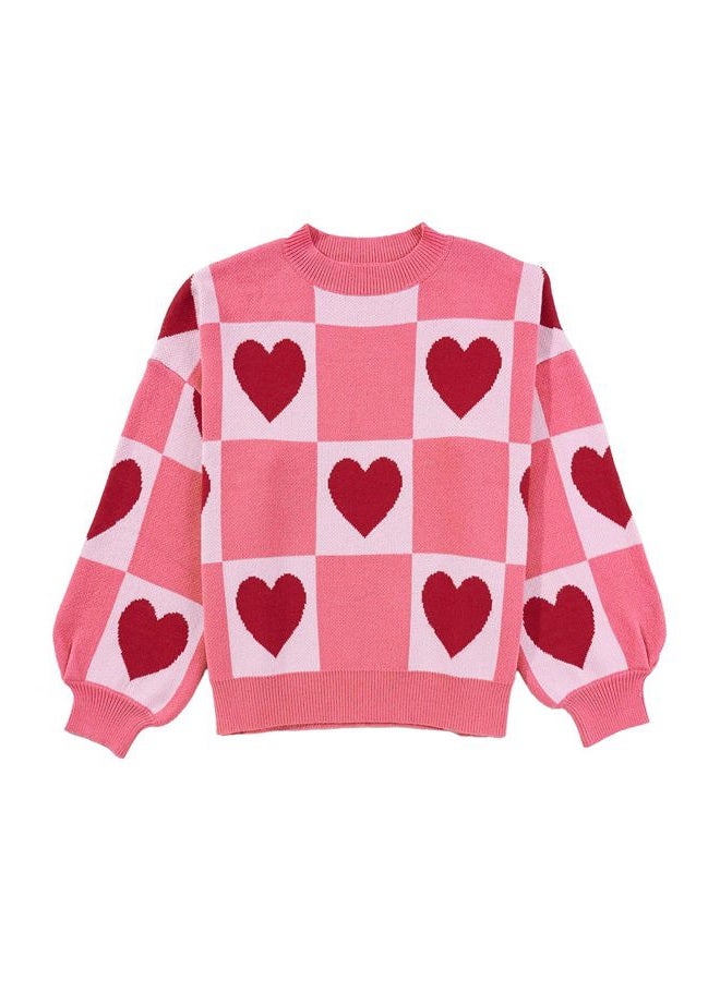 KevaMolly Womens Valentines Sweater Heart and Bow Pattern Knitted Loose Fit Valentine Cute Sweater Top, Pink Plaid, 1X - Image 2