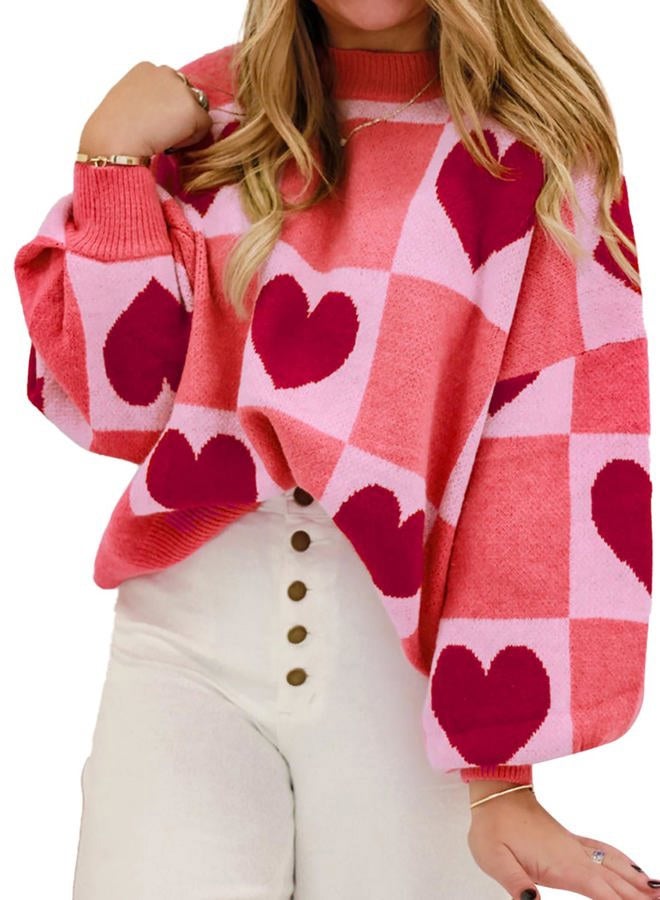 KevaMolly Womens Valentines Sweater Heart and Bow Pattern Knitted Loose Fit Valentine Cute Sweater Top, Pink Plaid, 1X - Image 1
