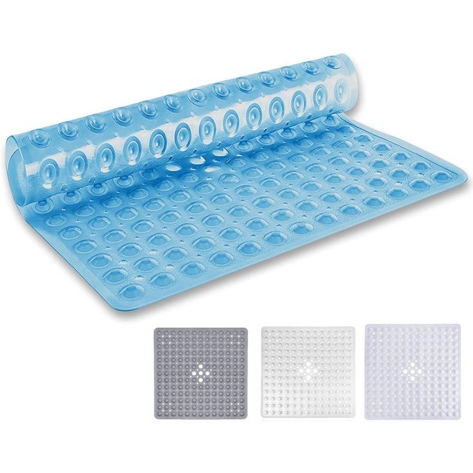 SQUARE SHOWER MAT NON SLIP ANTI MOULD 53X53CM RUBBER BATH MAT PVC SHOWER MATS FOR INSIDE SHOWER WITH STRONG SUCTION CUPS GRIP AND DRAIN HOLES SOFT TOUCH MACHINE WASHABLE BLUE