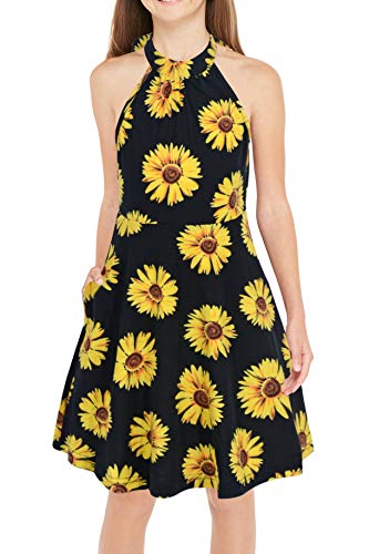 GORLYA Girl's Halter Neck Cold Shoulder Sleeveless Summer Casual Sundress A-line Dress with Pockets for 4-12 Years(GOR1013,10Y,YellowFlower) - Image 1