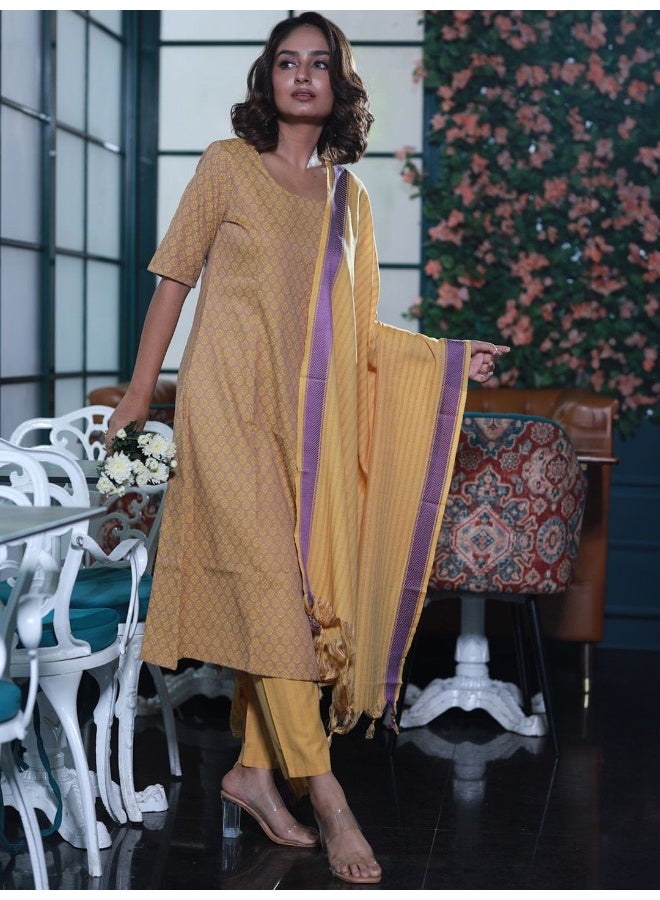 AKS Geometric Printed Round Neck Regular A-Line Kurta With Trousers & Dupatta - Image 3