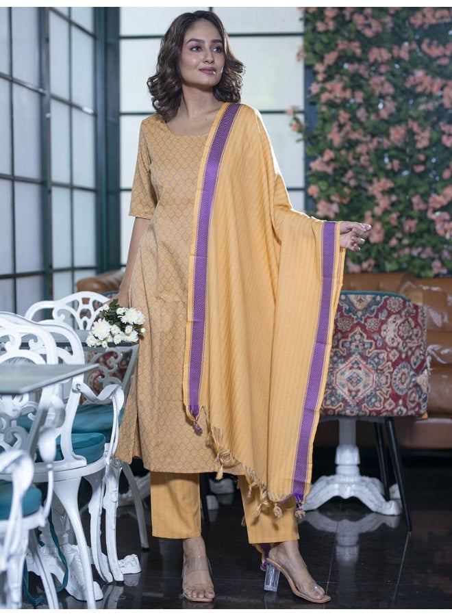 AKS Geometric Printed Round Neck Regular A-Line Kurta With Trousers & Dupatta - Image 1