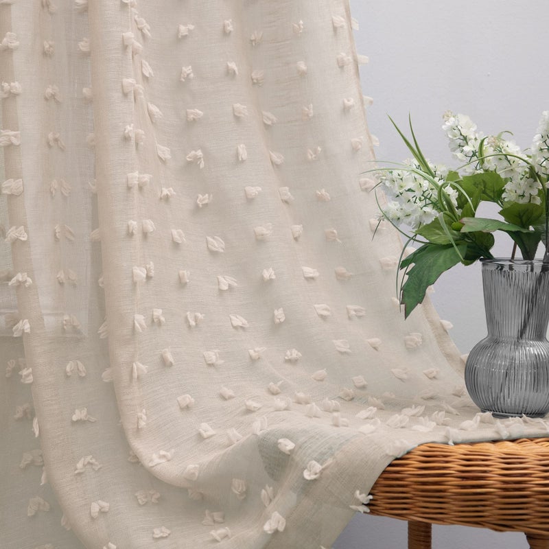 KOUFALL Taupe Small Window Curtain for BathroomBoho Pom Pom Textured Earthy Neutral Semi Sheer Short Curtains for Kitchen52 by 45 Inch Length