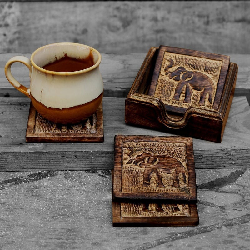 storeindya Coaster Set of 4 Handcrafted for Drinks & Dining. Handcrafted Elephant Design Tabletop for Home Decor. Kitchen Accessories. - Image 1
