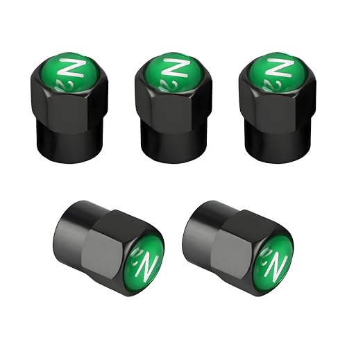DXNQ 5 PCS Brass Tire Valve Stem Caps Durable Chrome Plated Brass Tire Valve Stem Caps N2 Nitrogen Sign Logo on The Top Metal Dustproof Tire Valve Covers with N2 Logo Car Accessories BlackGreen - Image 1