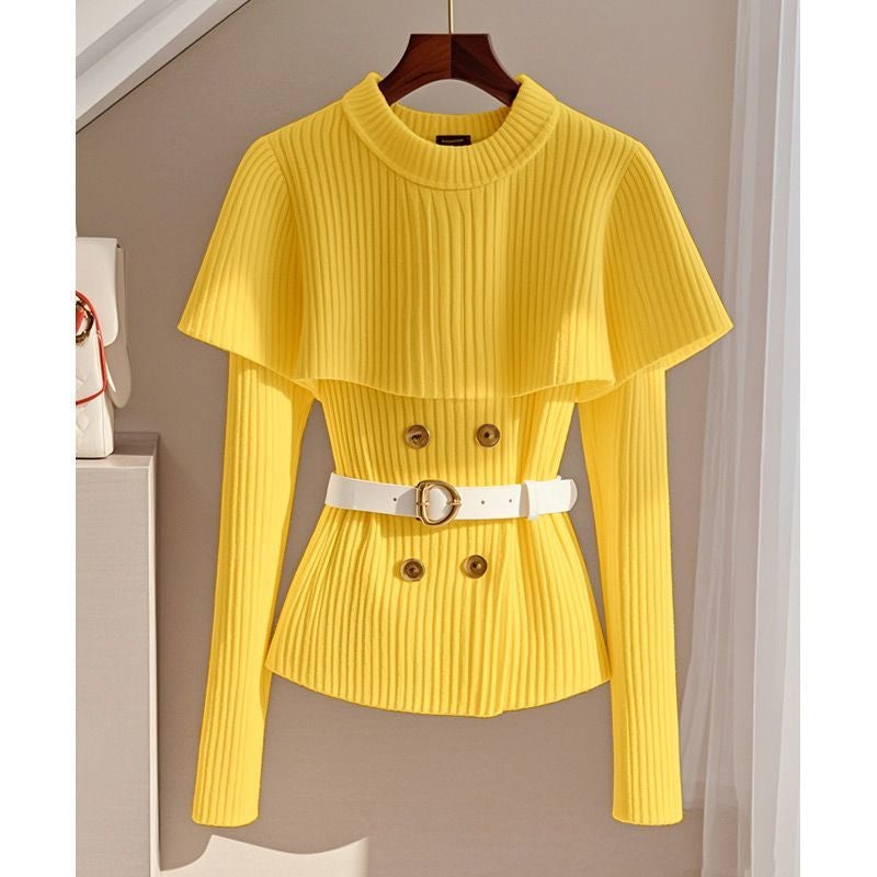 Chanel Style White Knitted Top Elegant Celebrity Style Cape Shawl Waist Soft Waxy Sweater Early Autumn New Yellow (without belt)