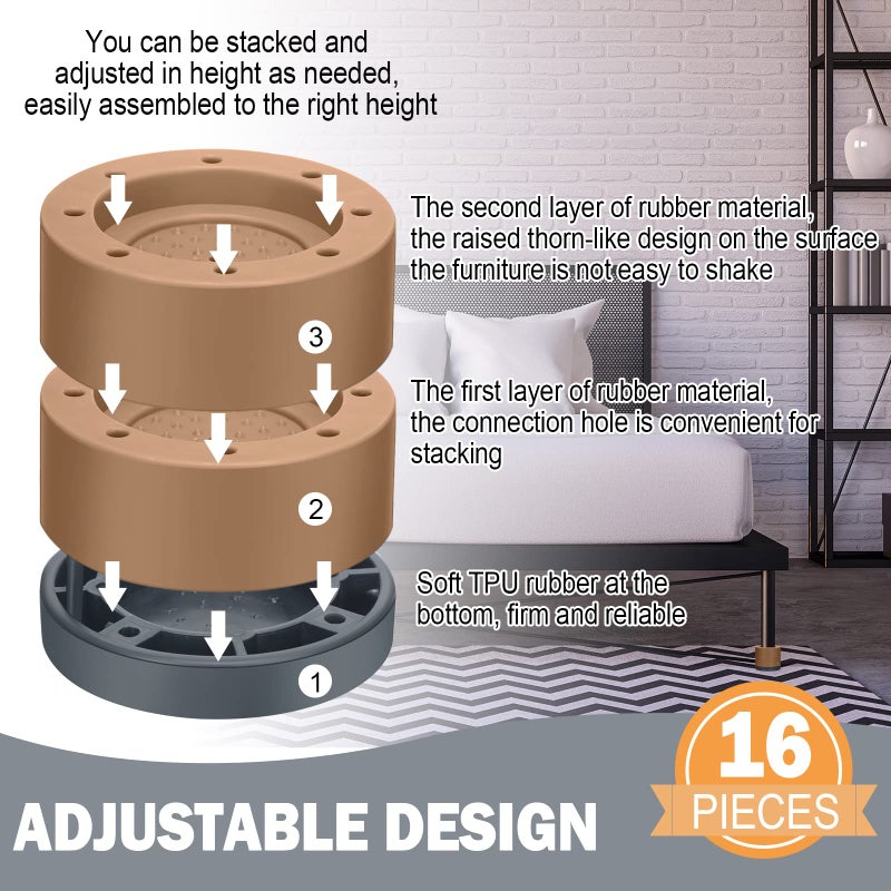 Treela Set of 16 Round Bed Risers Heavy Duty Furniture Risers Lifts Height 1.57 Inch 2.36 Inch for Desk Legs Bed Table for Chair Sofa Mattress(Brown) - Image 2