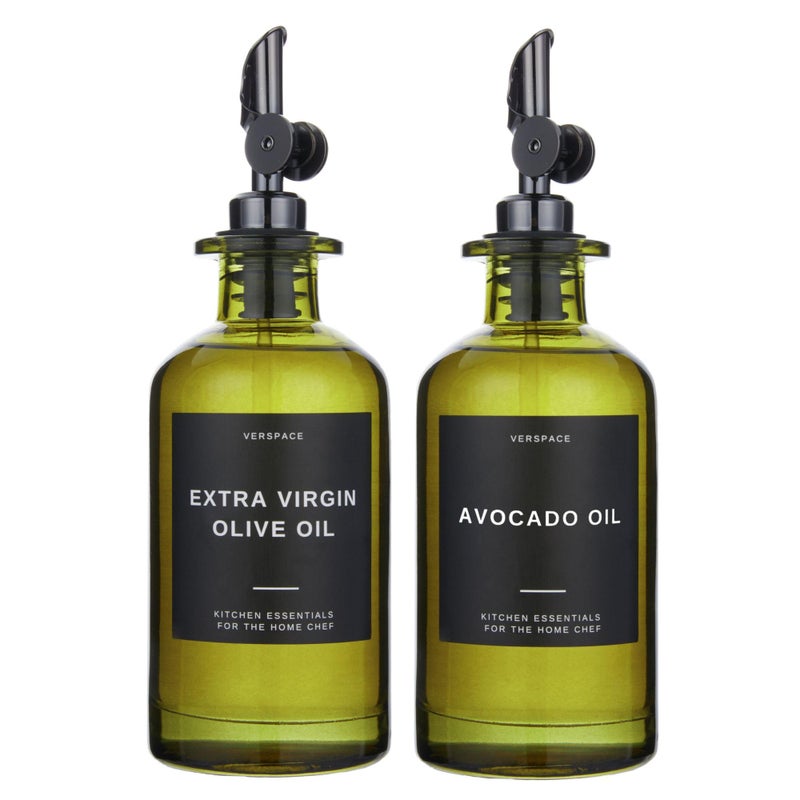 Verspace UV-Protected Green Glass Olive Oil Dispenser Bottles For Kitchen - Includes 40 Kitchen Essential Labels, Avocado Oil Dispenser Set, Modern Decor for Home, Airbnb, Cafe Set of 2 - Image 1