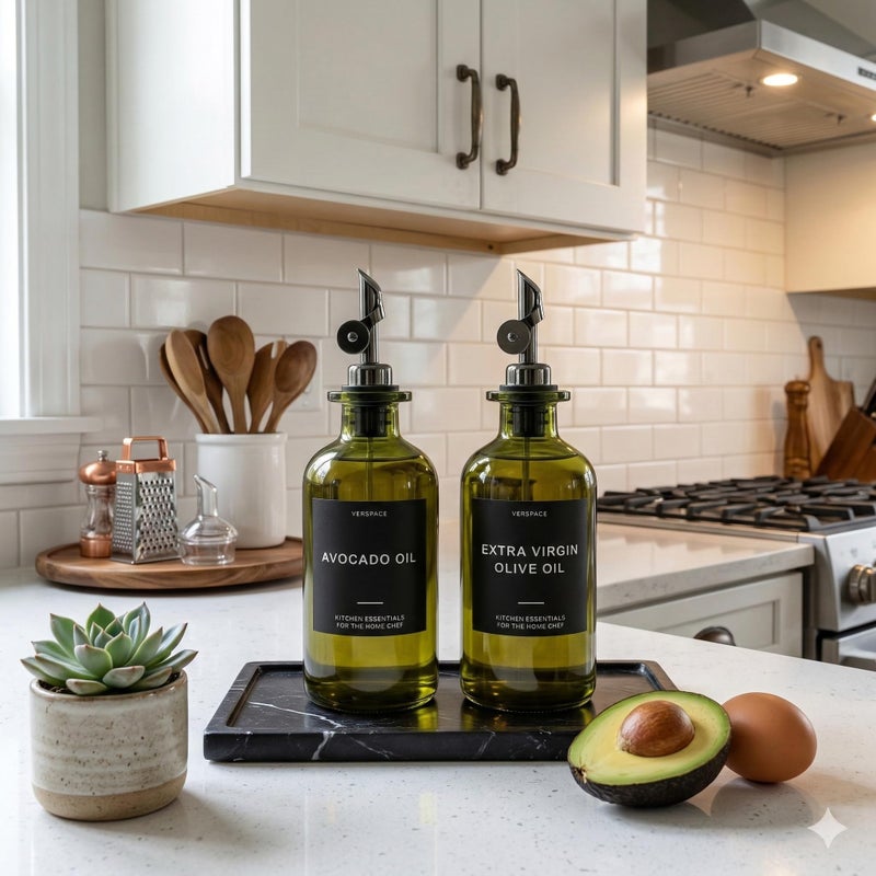Verspace UV-Protected Green Glass Olive Oil Dispenser Bottles For Kitchen - Includes 40 Kitchen Essential Labels, Avocado Oil Dispenser Set, Modern Decor for Home, Airbnb, Cafe Set of 2 - Image 2