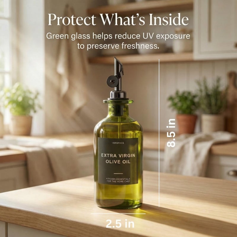 Verspace UV-Protected Green Glass Olive Oil Dispenser Bottles For Kitchen - Includes 40 Kitchen Essential Labels, Avocado Oil Dispenser Set, Modern Decor for Home, Airbnb, Cafe Set of 2 - Image 3