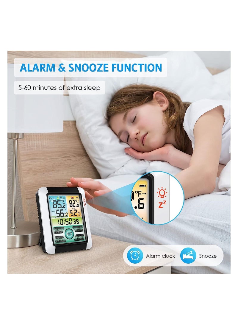 Indoor Outdoor Thermometer, Wireless Weather Station with Remote Sensor, 4'' Color LCD Display Digital Hygrometer Temperature Humidity Monitor, Touchscreen, Alarm Clock for Patio, Home, Room - Image 2