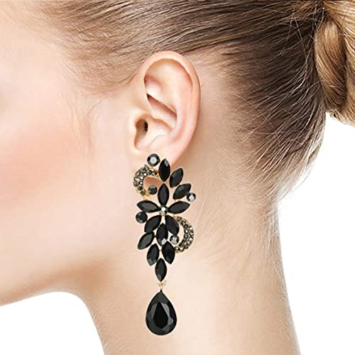 COOLSTEELANDBEYOND LARGE AND LONG Art Deco Black Rhinestone Crystal Cluster Chandelier Floral Teardrop Dangle Statement Earrings - Image 4