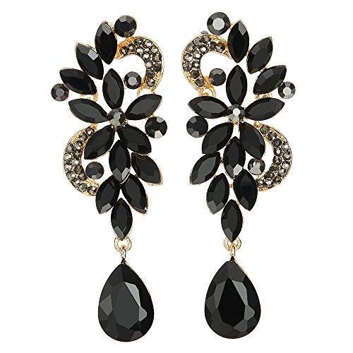 COOLSTEELANDBEYOND LARGE AND LONG Art Deco Black Rhinestone Crystal Cluster Chandelier Floral Teardrop Dangle Statement Earrings - Image 1