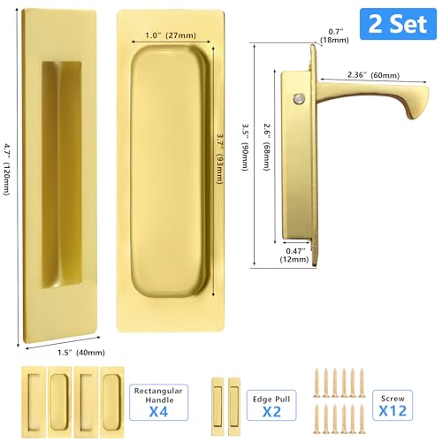 Dontay Sliding Pocket Door Handles 304 Stainless Steel Non Locking Pocket Door Hardware Recessed Flush Finger Pulls Heavy Duty Edge Pull 2 Set Satin Brass 472 Inch - Image 3