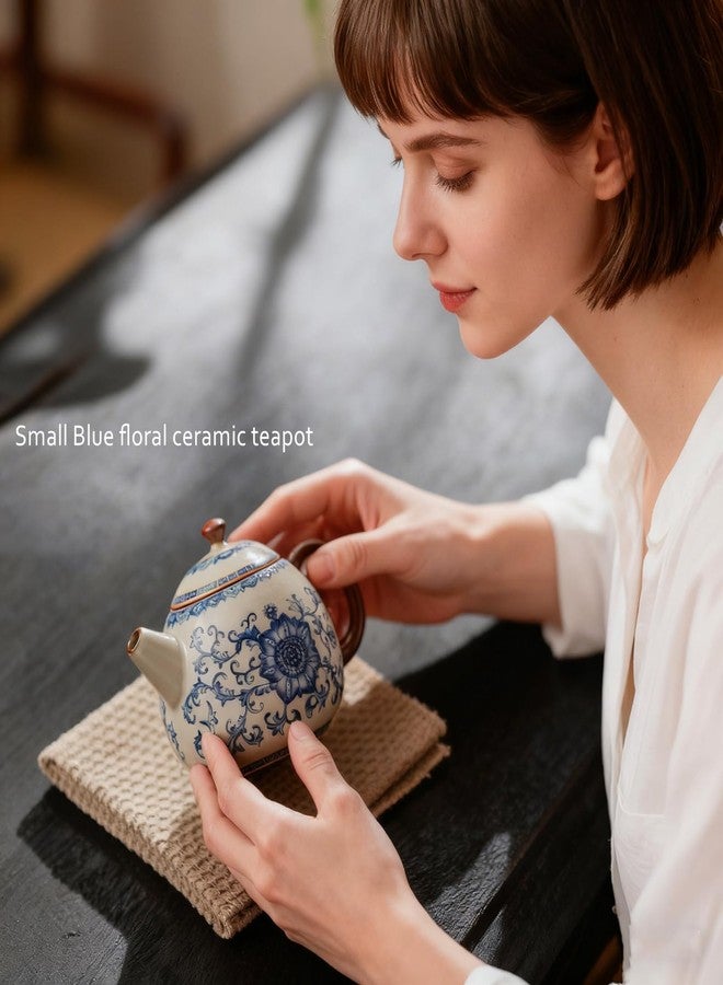 CmengAo Handmade Blue and White Porcelain Kung Fu Teapot, Ru Kiln Crackle Glaze Ceramic Tea Pot with Tassel Gift Box for Zen Tea Ceremony, Home Decor & Festival Present (8 oz) - Image 5