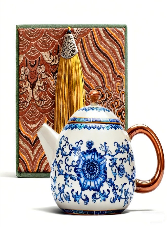 CmengAo Handmade Blue and White Porcelain Kung Fu Teapot, Ru Kiln Crackle Glaze Ceramic Tea Pot with Tassel Gift Box for Zen Tea Ceremony, Home Decor & Festival Present (8 oz) - Image 1