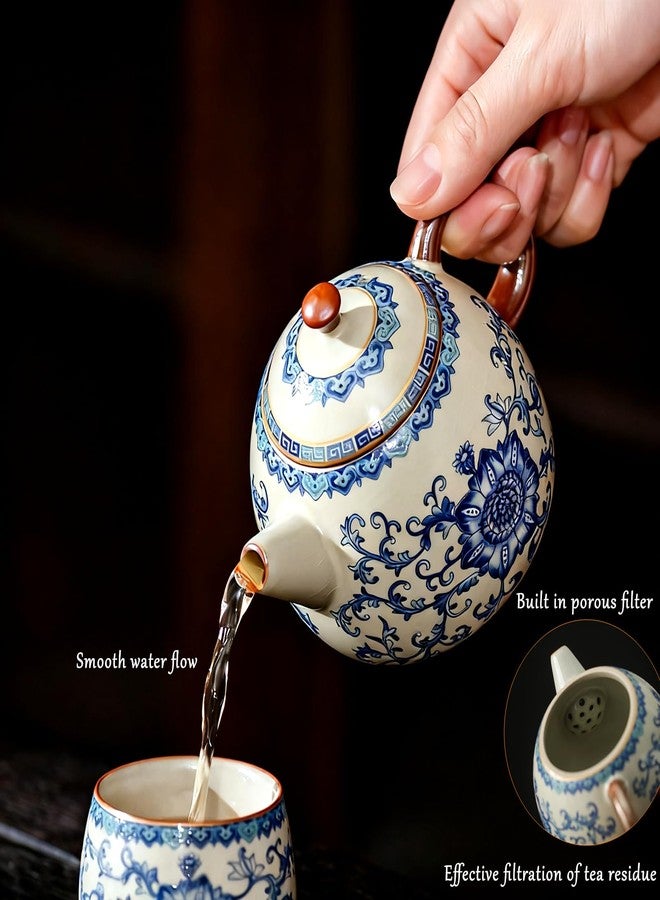 CmengAo Handmade Blue and White Porcelain Kung Fu Teapot, Ru Kiln Crackle Glaze Ceramic Tea Pot with Tassel Gift Box for Zen Tea Ceremony, Home Decor & Festival Present (8 oz) - Image 2